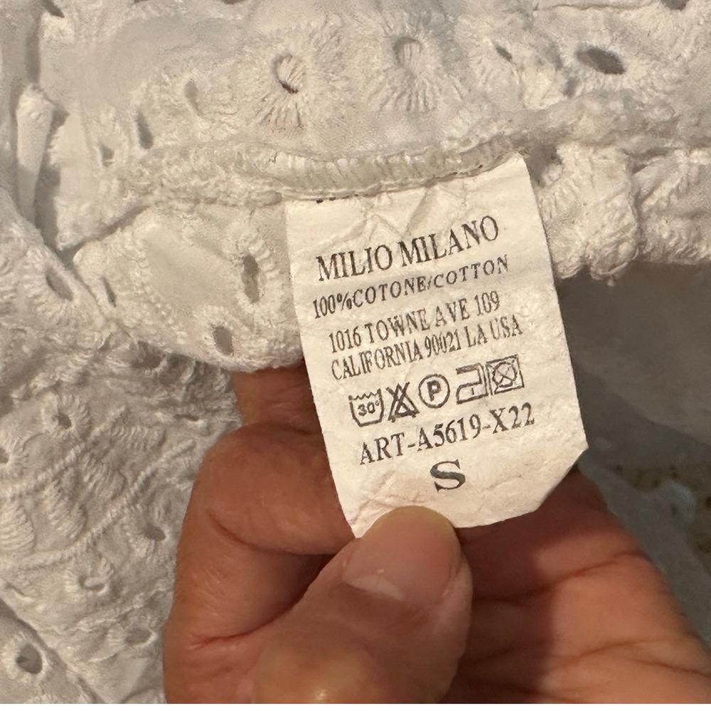 Milio Milano Women's boho 100% cotton Eyelet 3/4 sleeve midi Dress Size S NWOT - Picture 4 of 9